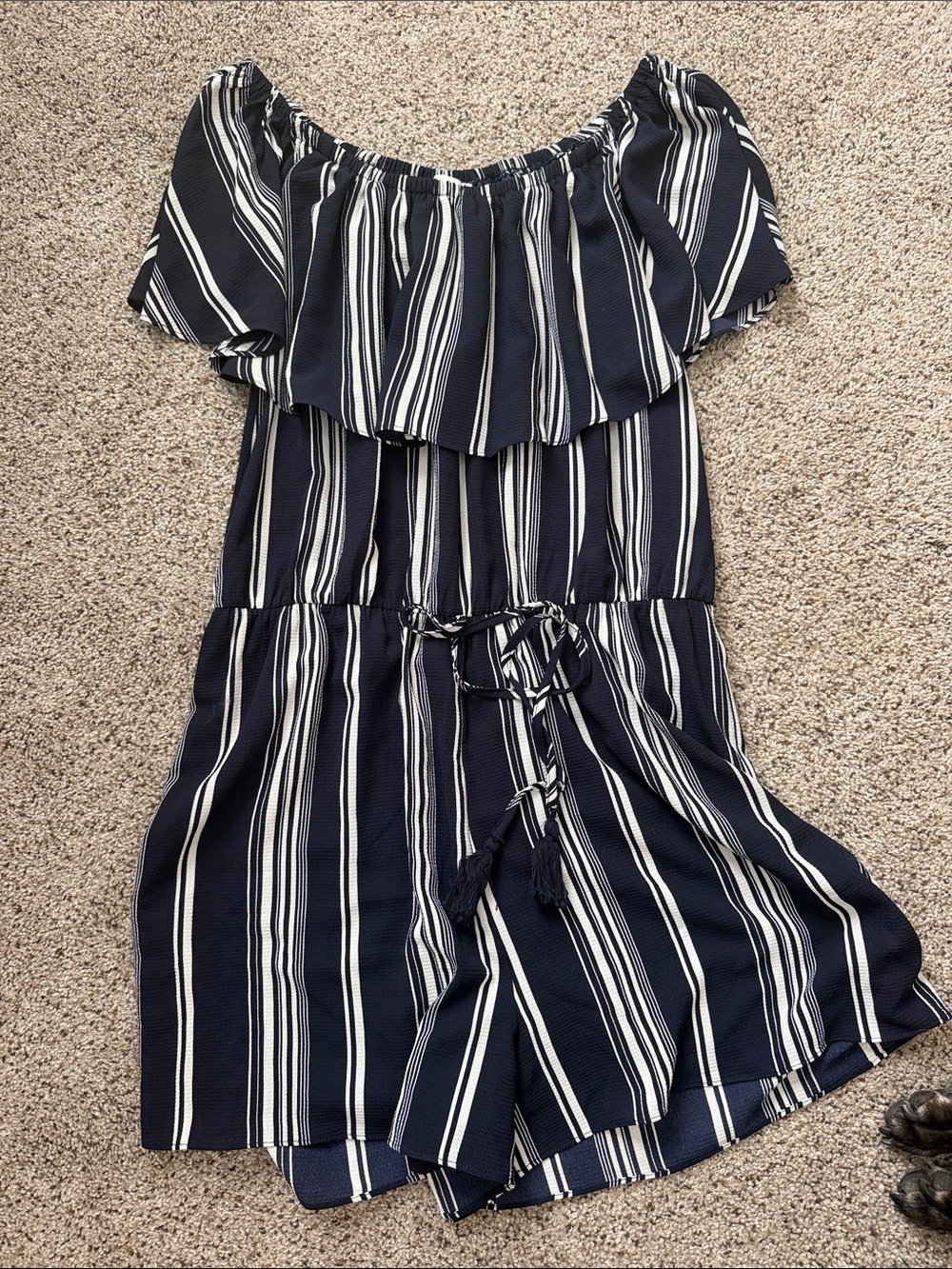 Charming Charlie Navy & White Striped Off-Shoulder Romper